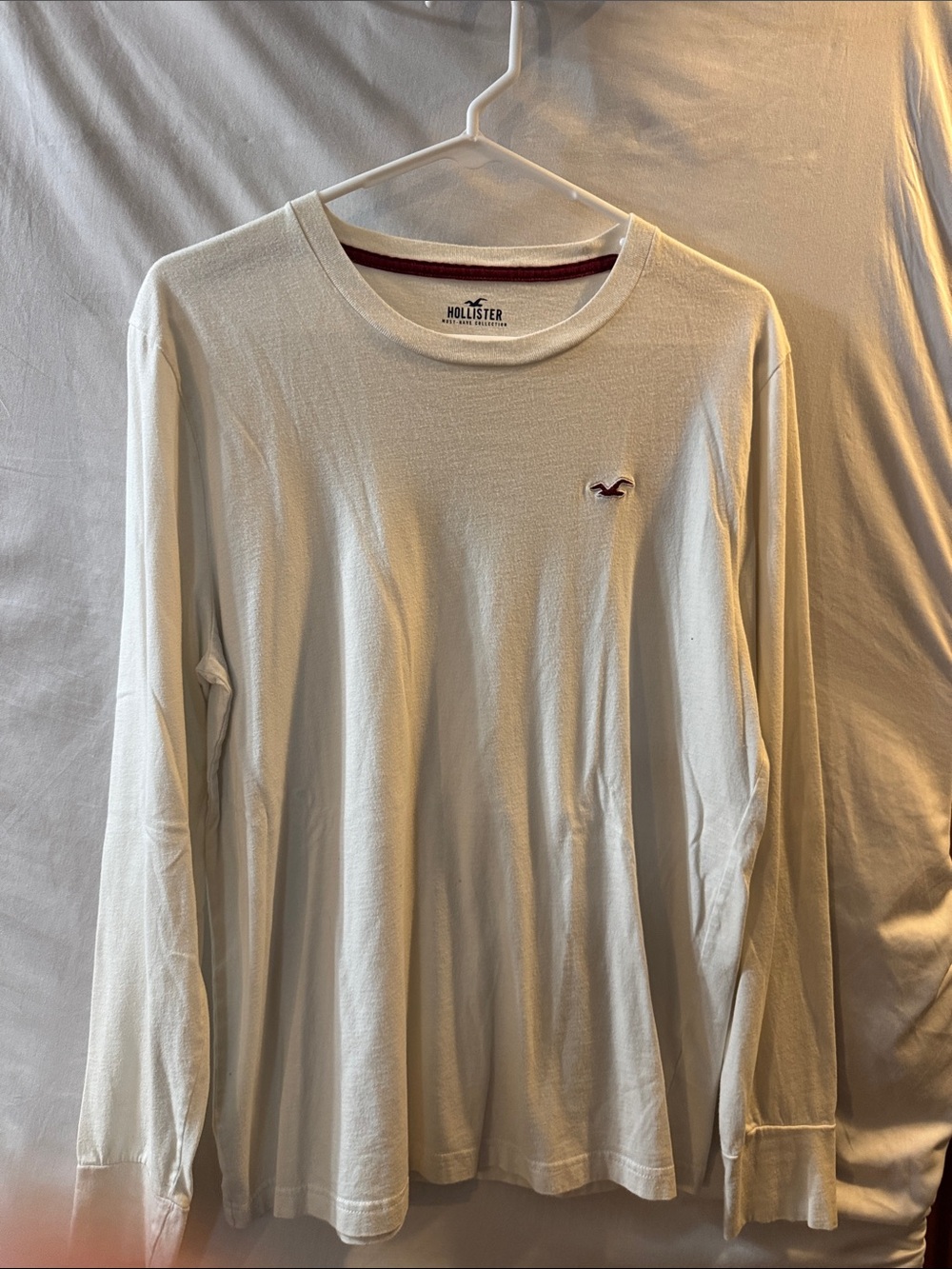 Hollister Men's Long-Sleeve Crew Tee in Cream with Maroon Logo